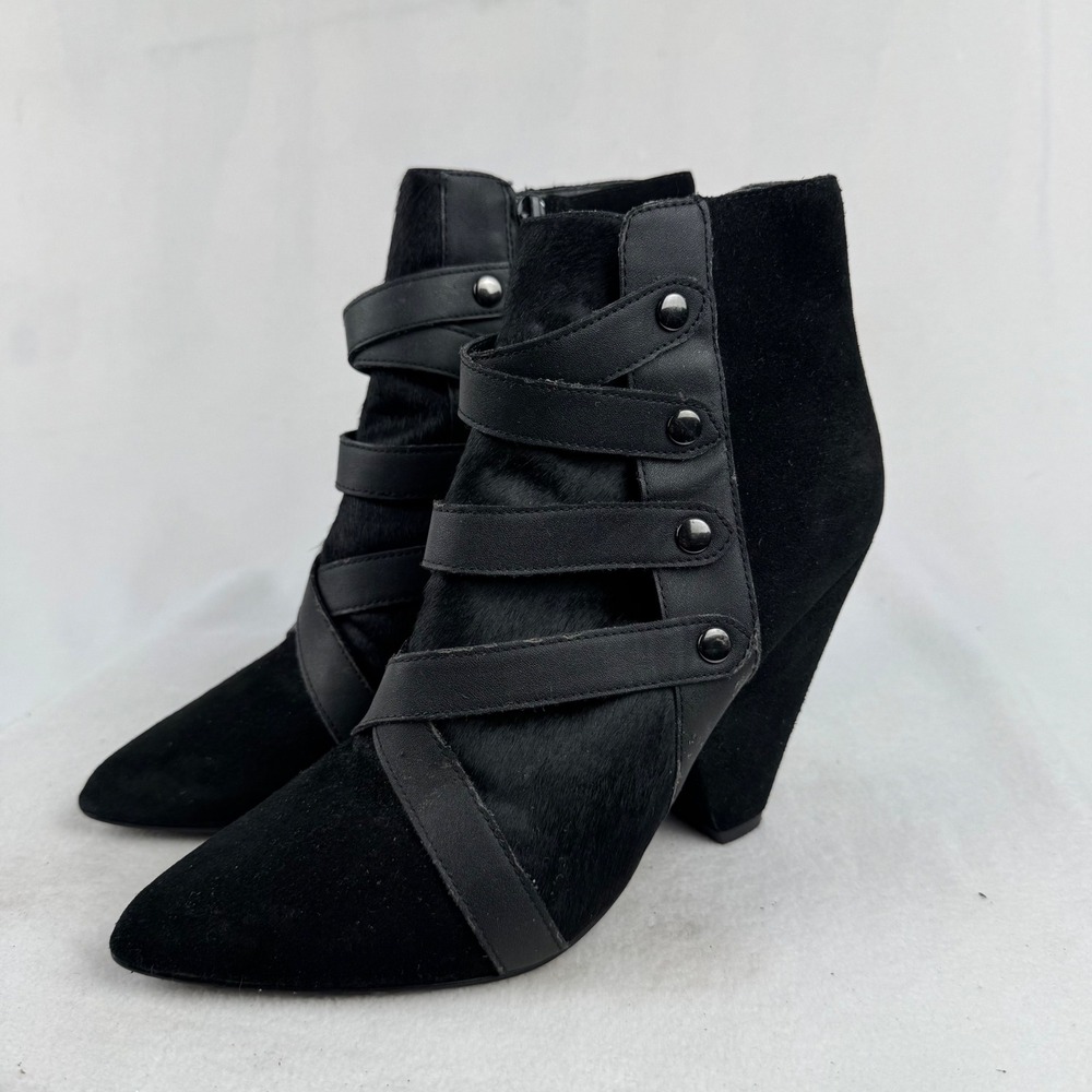 Steve Madden Black Leather Suede Strappy Pointed Toe Cone Heel Ankle Booties